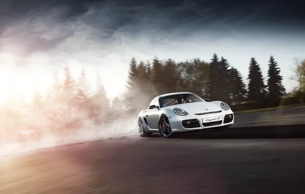 Картинка Porsche, White, Smoke, Supercar, Cayman S, Skid, Drifting