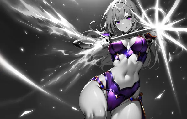 Girl, hot, sexy, boobs, anime, black and white, purple, breasts