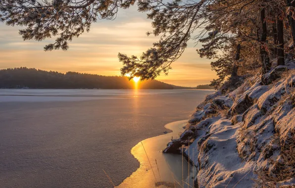 Картинка зима, озеро, рассвет, утро, Швеция, Sweden