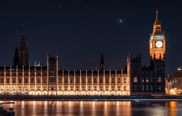 Огни, Лондон, вечер, Темза, Big Ben, Parliament