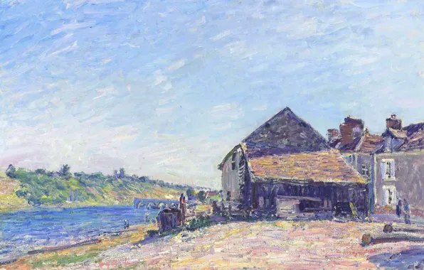 Картинка дома, картина, мост, Alfred Sisley, Альфред Сислей, река, Пейзаж возле Море-сюр-Луэна
