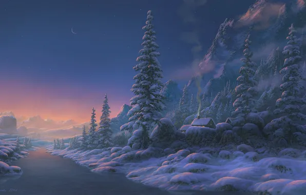 Картинка зима, снег, закат, горы, река, дома, вечер, арт