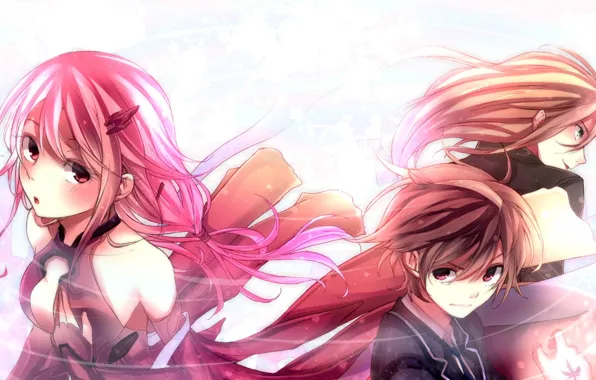Форма, трое, fan art, guilty crown, розовые волосы, inori yuzuriha, корона грешника, shu ouma
