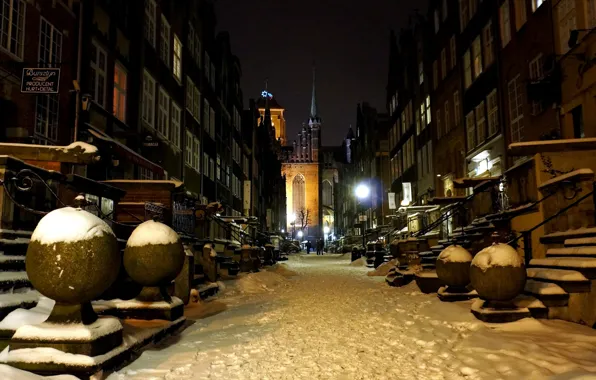 Картинка зима, ночь, улица, дома, Польша, Гданьск