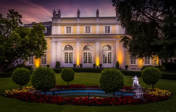 Картинка деревья, цветы, ночь, дизайн, газон, дома, Германия, сад