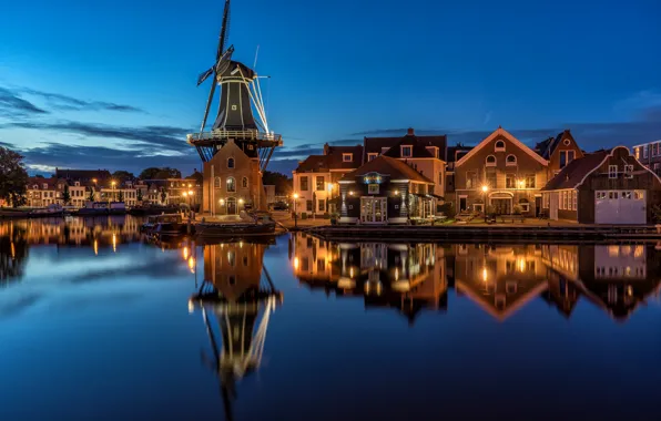 Картинка ночь, огни, Нидерланды, Голландия, Netherlands, North Holland, Haarlem, Molen "De Adriaan"