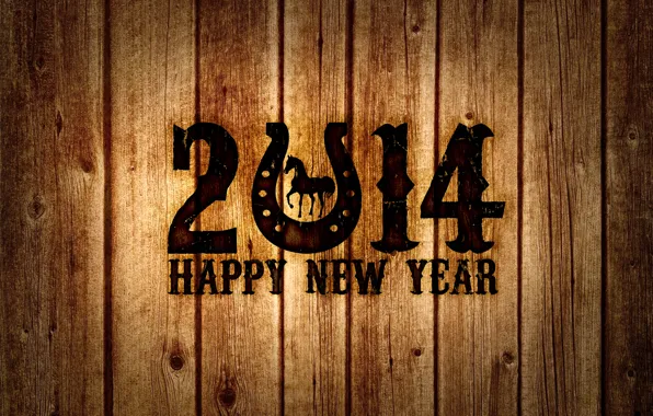 Картинка дерево, лошадь, доски, новый год, happy new year, horse, подкова, 2014