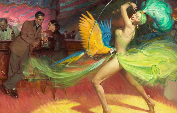 Женщина, рисунок, танец, картина, попугай, мужчина, Tom Lovell