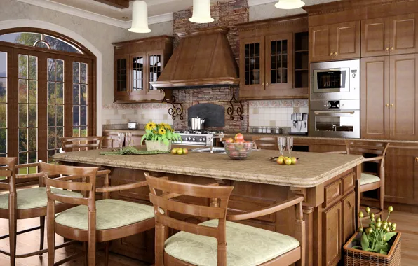 Стол, кухня, плита, шкафы, MAIN KITCHEN AREA