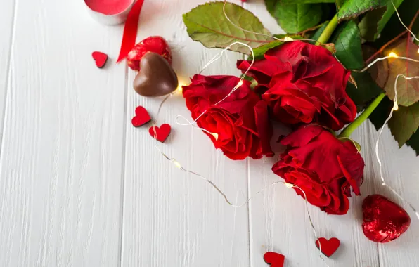Картинка шоколад, розы, конфеты, сердечки, красные, red, love, flowers