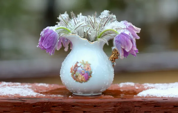 Капли, снег, цветы, доски, букет, весна, ваза, кувшин