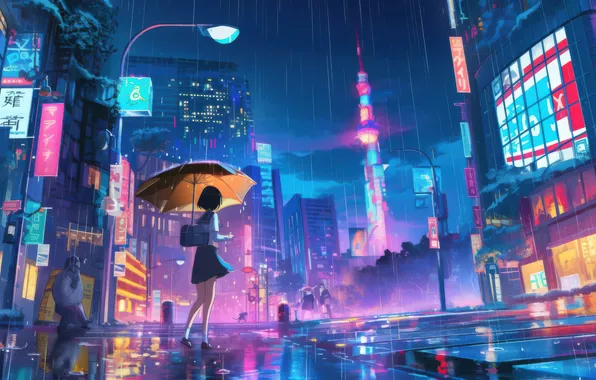 Девушка, Girl, Аниме, Anime, Rainy Day, Дождливый день, Короткие волосы, Crossing Street