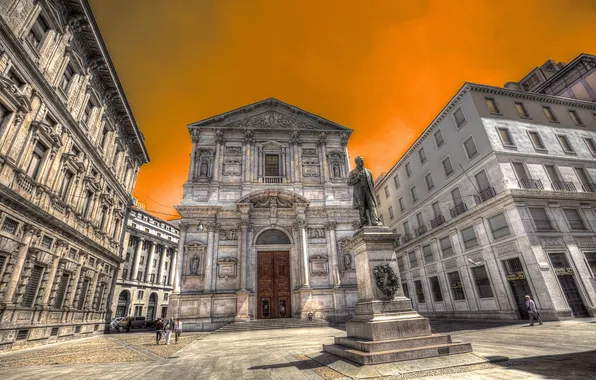 Картинка небо, дома, площадь, Италия, памятник, Милан