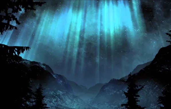 Dark, light, aurora, black, trees, blue, mountains, stars