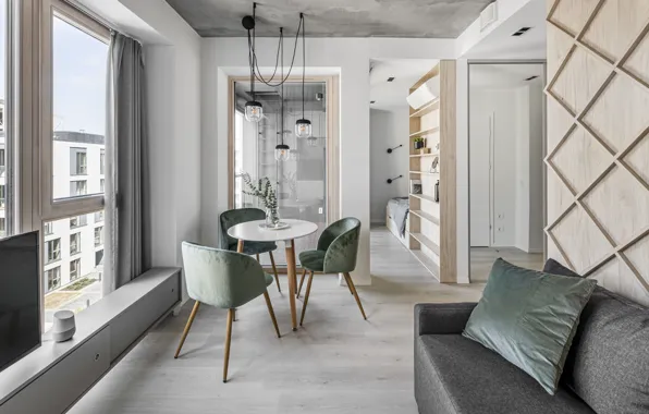 Интерьер, спальня, гостиная, столовая, Eucalyptus, Contemporary Bachelor Pad, apartment for a single, bachelor housing