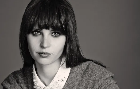 Взгляд, девушка, лицо, макияж, актриса, черно-белое, Felicity Jones