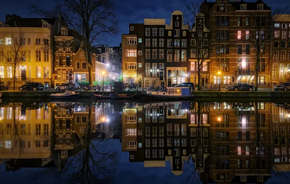 Ночь, город, огни, вечер, Амстердам, канал, Нидерланды