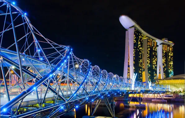 Картинка ночь, город, Сингапур, отель, казино, Singapore, мост.
