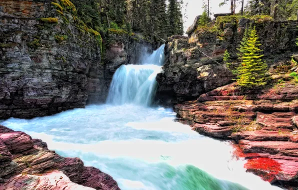 Картинка деревья, горы, скалы, водопад, поток