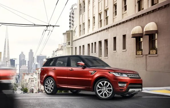Картинка красный, внедорожник, Land Rover, Range Rover, город.