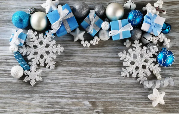 Зима, снежинки, фон, игрушки, Новый Год, голубые, Рождество, белые