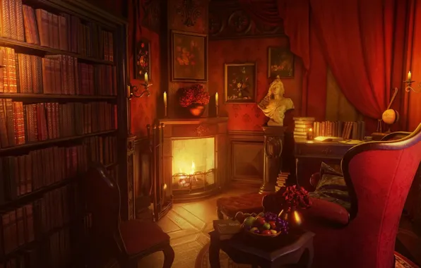 Lights, fire, art, classic, fruit, palace, fireplace, secret interior