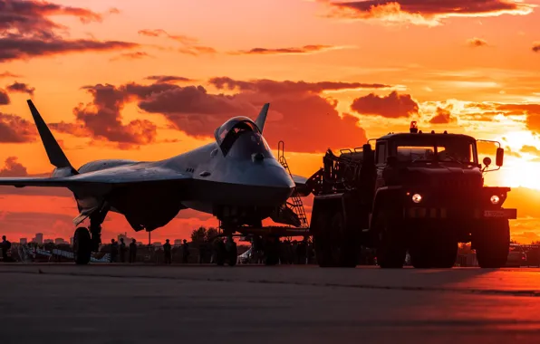 Небо, облака, закат, красный, заправка, грузовик, su-57, су-57