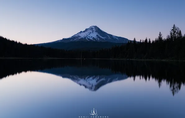 Картинка небо, деревья, озеро, отражение, гора, USA, Oregon, photographer