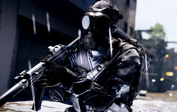 Оружие, фон, солдат, противогаз, Battlefield 4