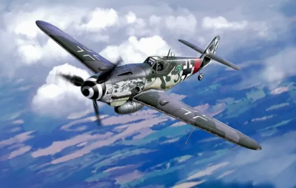 War, art, airplane, painting, aviation, ww2, bf 109, german fighter