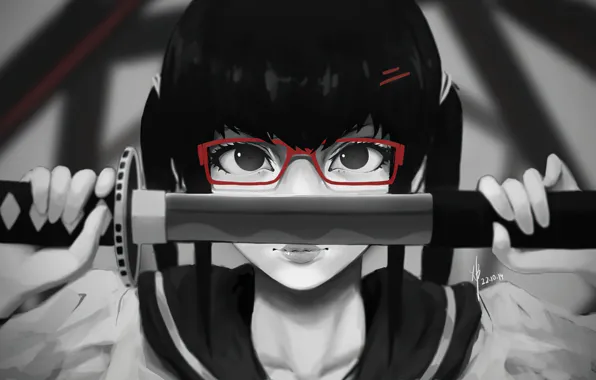 Катана, лезвие, серый фон, черные волосы, в очках, злобный взгляд, физиономия, японская школьница