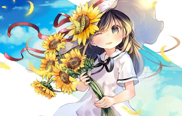 Подсолнухи, цветы, аниме, девочка