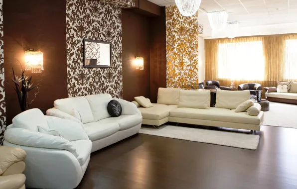 Картинка белый, дизайн, стиль, лампы, диван, дерево, интерьер, кресло