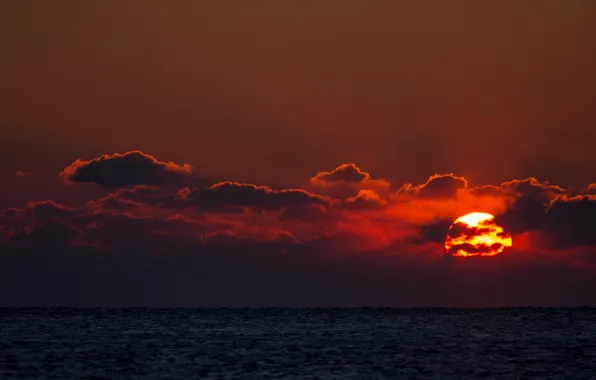 Red, twilight, sunset, clouds, lake, evening, dusk, darkness