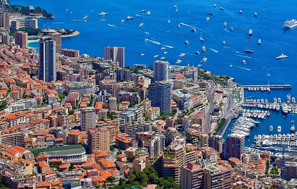 Картинка море, дома, яхты, порт, катера, набережная, небоскрёбы, Монако