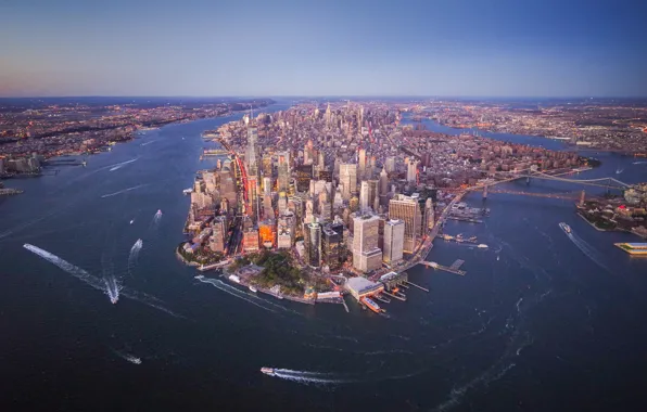 Транспорт, здания, небоскрёбы, водоём, New York City