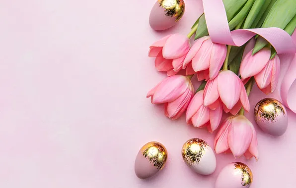 Картинка цветы, яйца, весна, Пасха, тюльпаны, happy, pink, flowers