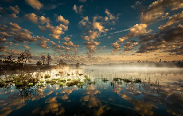 Облака, туман, озеро