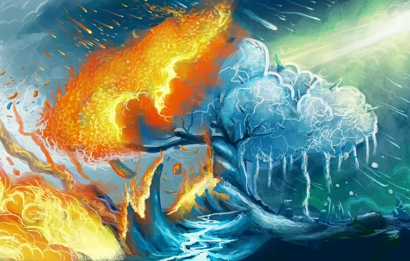 Картинка лед, дерево, огонь, tree, frostfire