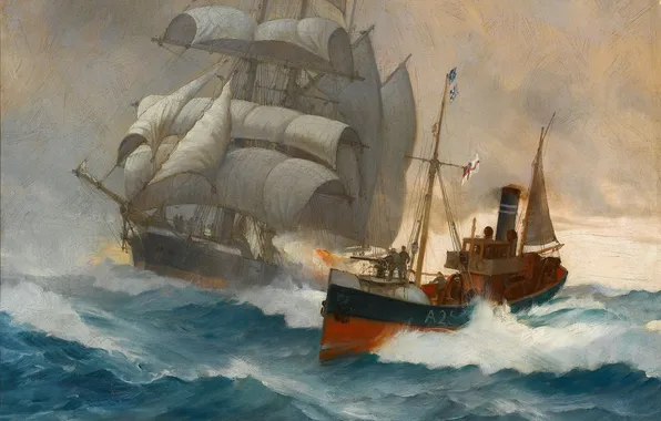 Картинка море, волны, корабль, парусник, Montague Dawson, Boat, Clipper, клипер