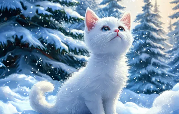 Зима, Снег, Котенок, Кошки, Кот, Елка