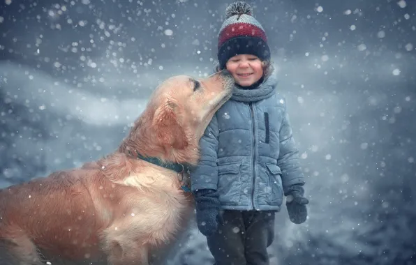 Картинка зима, снег, животное, собака, ребёнок, пёс, Марианна Смолина
