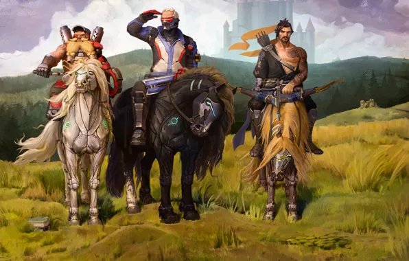 Кони, герои, soldier, blizzard, fan art, Hanzo, три богатыря, overwatch