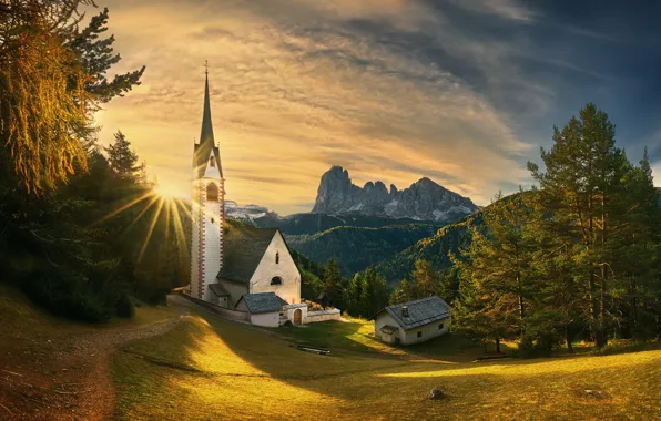 Картинка деревья, закат, горы, Италия, церковь, Italy, Доломитовые Альпы, Южный Тироль