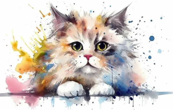Кошка, кот, взгляд, брызги, котенок, портрет, лапки, разводы