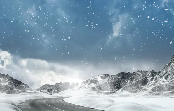 Картинка зима, дорога, небо, облака, снег, горы, снежинки, шоссе