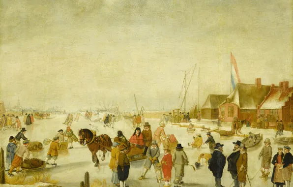Картинка зима, человек, картина, жанровая, Барент Аверкамп, Развлечения на Льду