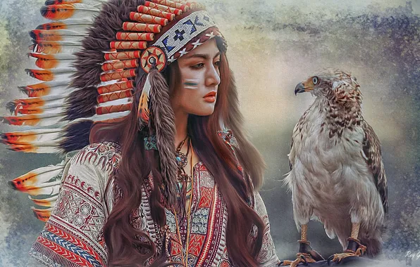 Картинка птица, перья, живопись, девушка индеец