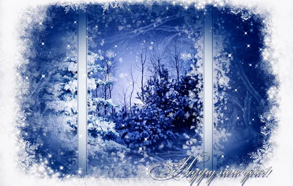Картинка зима, снег, деревья, снежинки, узор, елка, окно, Новый год