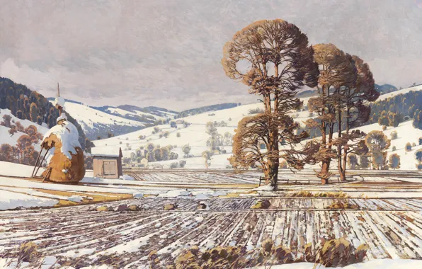 1920, Austrian painter, австрийский живописец, oil on canvas, Wechselgebirge in early spring, Wechselgebirge im Vorfrühling, …